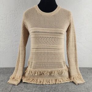 Chelsea & Theodore Tan Open Knit Fringe Trim Boho Sweater Womens XS